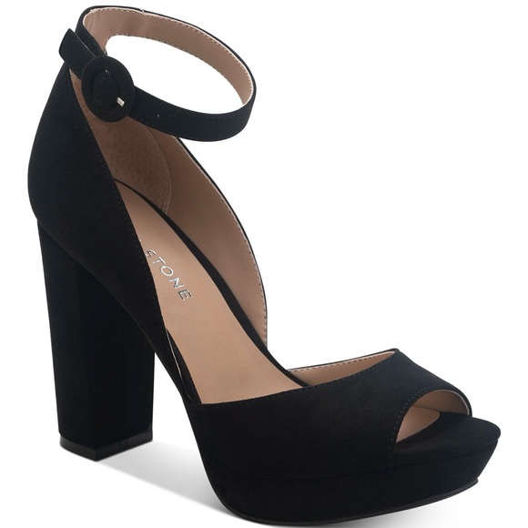 Sand + Stone Black Microfiber Platform Open-Toe Heels.  Sz 9W - Picture 2 of 6